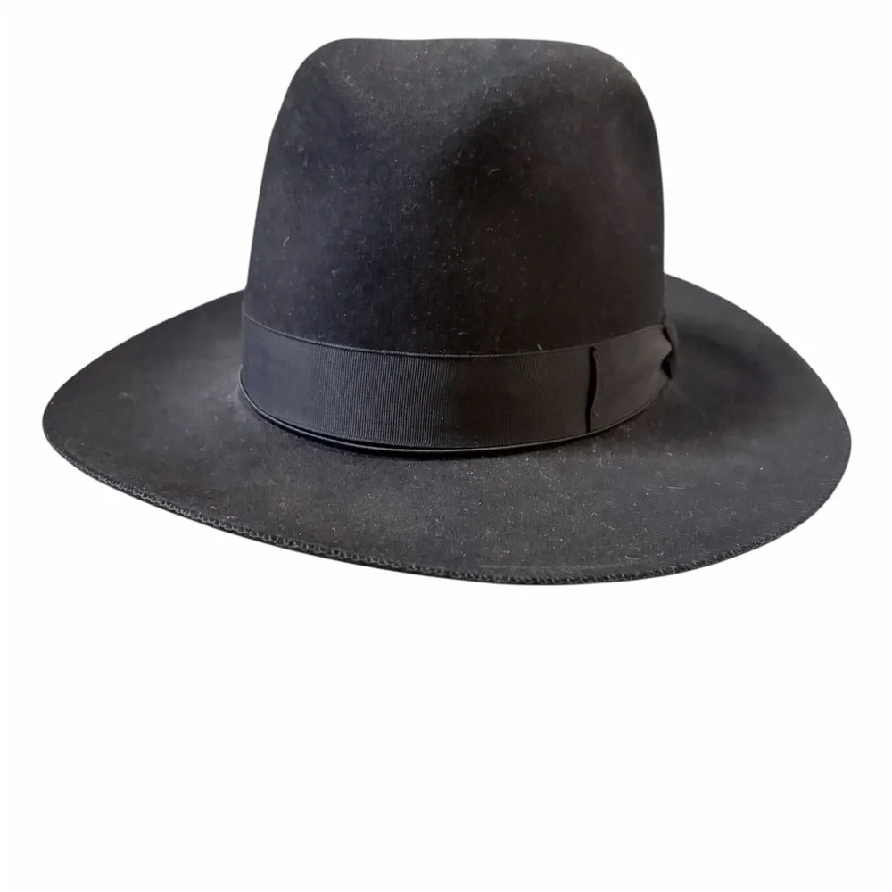 Borsalino Alessandria Wide Brim Fedora Black Shaved Fur Felt Hat 7 1/8
